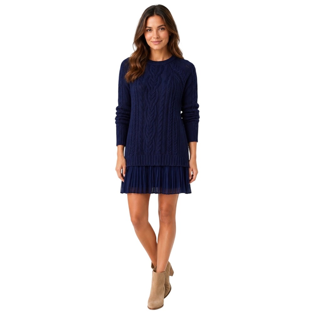 Anthropologie Navy Cable-Knit Long-Sleeve Sweater Dress